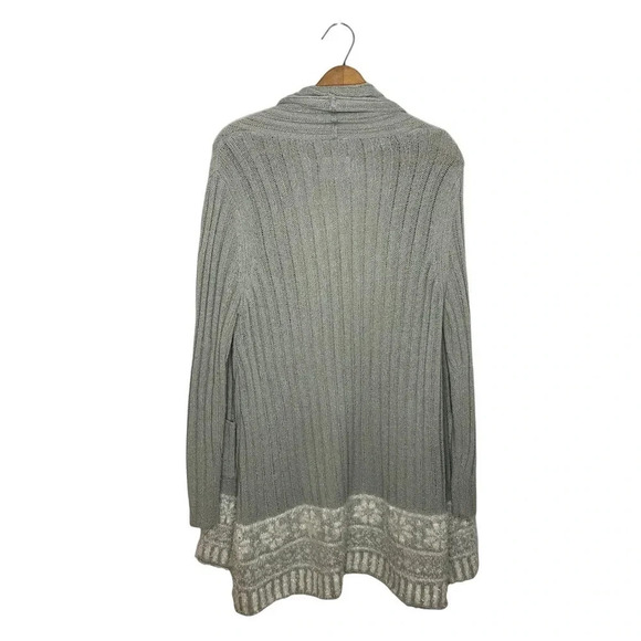 Longline Ribbed Braided Duster Open Cardigan Grey Fair Isle Hem Pockets M/L - Picture 5 of 8